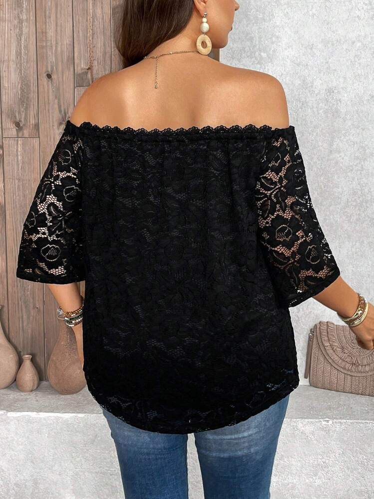 SHEIN LUNE Blusa negra de encaje con hombros descubiertos de talla grande - Negro - Añade 2