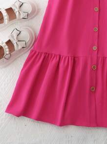SHEIN Vestido Sólido De Manga Larga Para Niñas De Entre 8 Y 14 Años Con Dobladillo De Volantes Y Botones En La Parte Delantera