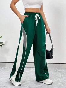 StreetHx Pantalones deportivos casuales de mujer con cintura con cordón y bolsillos, pantalones anchos y rectos de pierna larga de color verde holgados con rayas laterales, para uso casual diario y vuelta al colegio