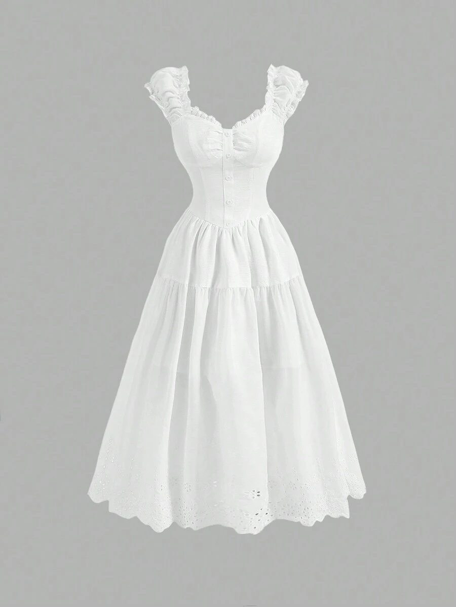 Vestido blanco con hombros fruncidos y ribete de volantes - Blanco - Ver 1