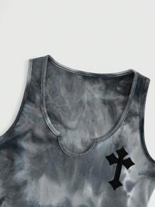ROMWE Grunge Punk 夏季朋克風格綁染十字印花連衣裙,拼接刺繡,無袖款式 - 彩色 - 查看 3