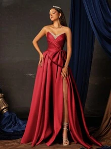 Smilprince 长款优雅奢华亮片蝴蝶结装饰正式晚礼服 - 酒紅色 - 查看 1