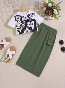 SHEIN Conjunto De 2 Piezas Para Niña Joven Con Estampado De Personaje, Incluye Shorts Y Camiseta Con Falda De Cintura Alta Con Diseño De Bolsillo, Un Atuendo Estilo Callejero Genial - Multicolor - Ver 1