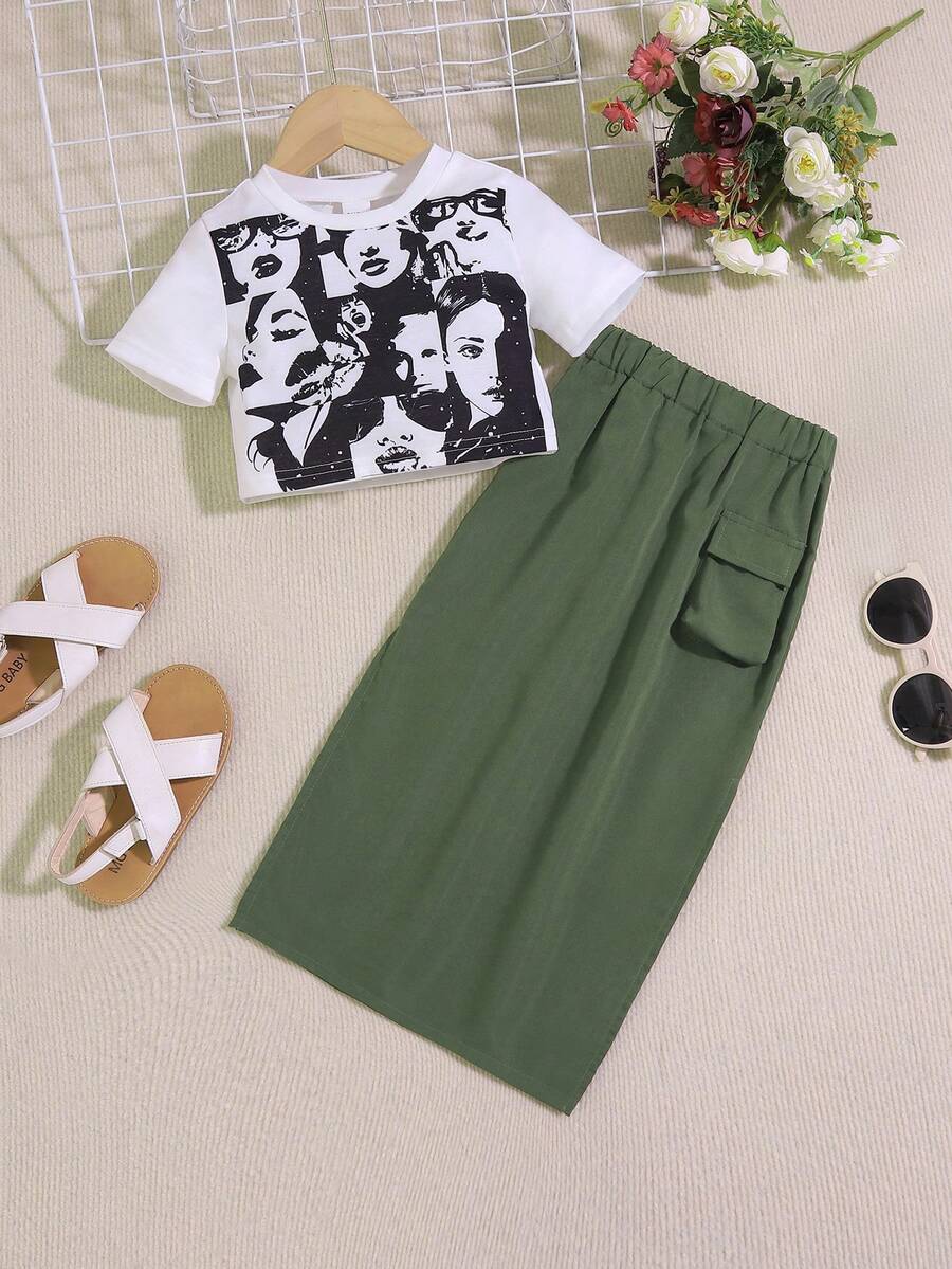 SHEIN Conjunto De 2 Piezas Para Niña Joven Con Estampado De Personaje, Incluye Shorts Y Camiseta Con Falda De Cintura Alta Con Diseño De Bolsillo, Un Atuendo Estilo Callejero Genial - Multicolor - Ver 1