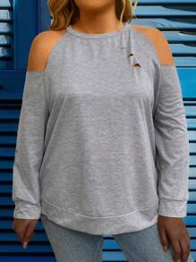 Calvaya Plus Size Women Distressed Open Shoulder T-Shirt - Light Grey - View 3