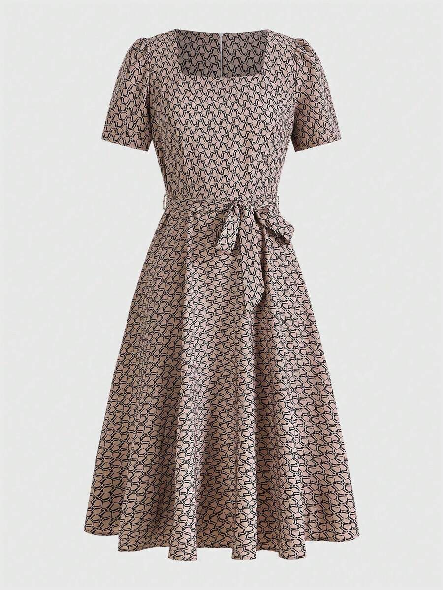 Rafferiza Đầm Maxi In Hình Toàn Thân Có Thắt Lưng Cho Nữ Trang Phục Nữ - Màu Khaki - Xem 1