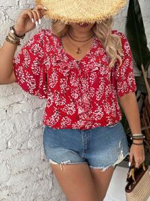 Breezaya Plus size zomerblouse met V-hals, bloemenprint, asymmetrische zoom, korte mouw, blouse met rucherand