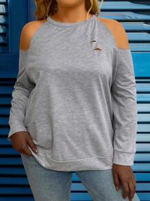Calvaya Plus Size Women Distressed Open Shoulder T-Shirt - Light Grey - View 4