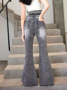 Teen Girl Ripped Raw Hem Flare Leg Jeans - Grey - View 2