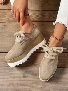 Women's Chunky Platform Lace-Up Suede Oxfords, Khaki Color, Fashionable Casual Waterproof Increased Height Wedge Shoes For Vacation & Daily Wear