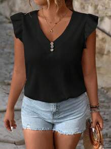 SHEIN LUNE Plus Size Button Detail Ruffle Trim Decor V-Neck T-Shirt With Lace Border, Suitable For Summer Casual - Black - View 7