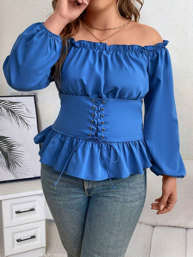 Plus Size Solid Color Lantern Sleeve Shirt With Waist Belt And Off Shoulder