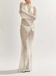Women's Plain Long Sleeve Casual Long Cover Up, Sexy Backless Beach Dress - 白色 - 查看 4