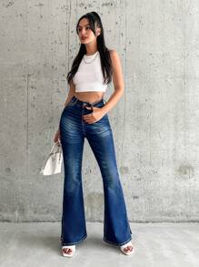 RueChic Low Waist Dark Wash Flare Jeans - Dark Wash - View 7