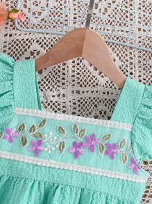 SHEIN Young Girl Square Neck Flower Embroidery Ruffle Armhole Dress - Cadet Blue - View 3