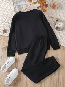 SHEIN 適合青少年女孩的動漫倒掛熊印花連帽衫和褲子套裝 - 黑色 - 查看 2