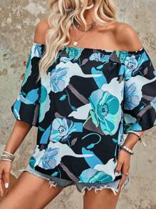 Breezaya Camisa casual de verano con hombros descubiertos y estampado floral para vacaciones - Azul - Ver 4