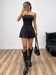 SHEIN EZwear 女士夏季黑白條紋無肩帶褶邊中長裙 - 黑色 - 查看 6