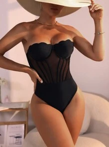 Swim SXY Vestido de una sola pieza con abertura frontal dividida de malla transparente sexy para mujer - Negro - Ver 5