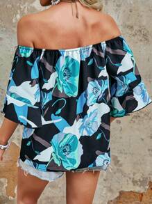 Breezaya Camisa casual de verano con hombros descubiertos y estampado floral para vacaciones - Azul - Ver 2