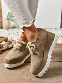 Women's Chunky Platform Lace-Up Suede Oxfords, Khaki Color, Fashionable Casual Waterproof Increased Height Wedge Shoes For Vacation & Daily Wear