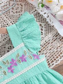 SHEIN Young Girl Square Neck Flower Embroidery Ruffle Armhole Dress - Cadet Blue - View 4