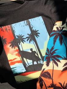 2pcs Baby Boy's Spring/Summer Outfit With Printed Beach Sunset & Surfing Pattern Sweatshirt And Casual Shorts Set - Multicolor - View 7