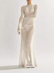 Women's Plain Long Sleeve Casual Long Cover Up, Sexy Backless Beach Dress - 白色 - 查看 3