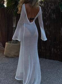 Women's Plain Long Sleeve Casual Long Cover Up, Sexy Backless Beach Dress - 白色 - 查看 5