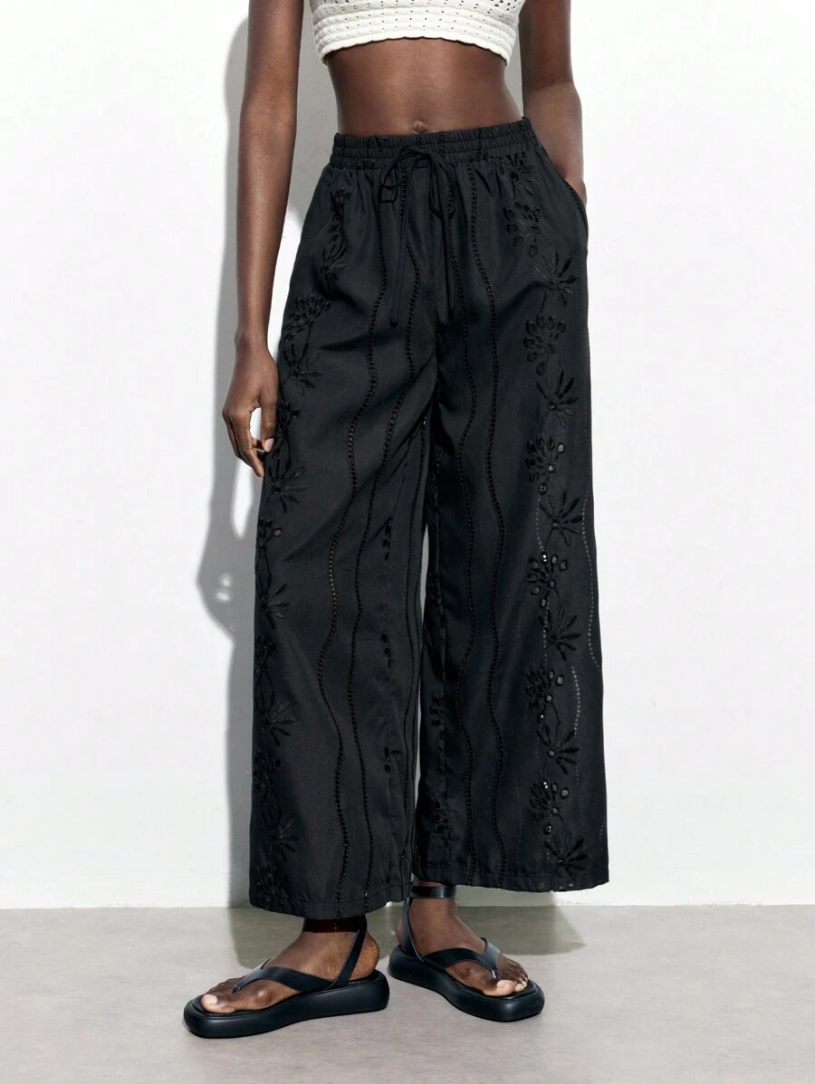 Maija Women's Black Solid Color Wide Leg Woven Embroidered Pants With Hollow Out Design