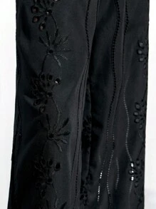 Maija Women's Black Solid Color Wide Leg Woven Embroidered Pants With Hollow Out Design