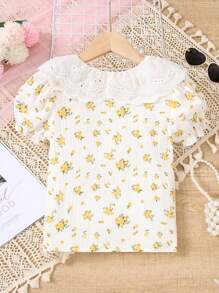 Jeune fille Blouse à col Peter Pan bouffant avec imprimé floral - Jaune citron - Voir 2