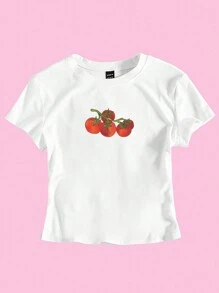 SHEIN EZwear Women's Tomato Print Short Sleeve T-Shirt - White - View 5