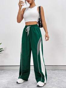 StreetHx Pantalones deportivos casuales de mujer con cintura con cordón y bolsillos, pantalones anchos y rectos de pierna larga de color verde holgados con rayas laterales, para uso casual diario y vuelta al colegio