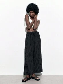 Maija Women's Black Solid Color Wide Leg Woven Embroidered Pants With Hollow Out Design