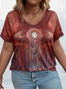EMERY ROSE Plus Size Women's Vintage Western Style Short Sleeve T-Shirt