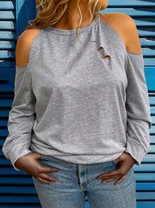 Calvaya Plus Size Women Distressed Open Shoulder T-Shirt - Light Grey - View 5