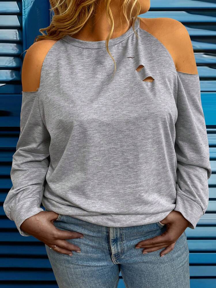 Plus Size Women Distressed Open Shoulder T-Shirt