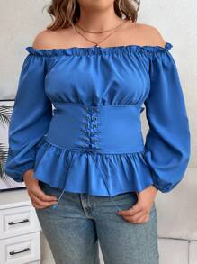 SHEIN Clasi Plus Size Solid Color Lantern Sleeve Shirt With Waist Belt And Off Shoulder