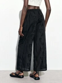 Maija Women's Black Solid Color Wide Leg Woven Embroidered Pants With Hollow Out Design