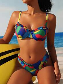 SHEIN Swim 夏季海灘對比邊飾荷葉邊裝飾比基尼套裝