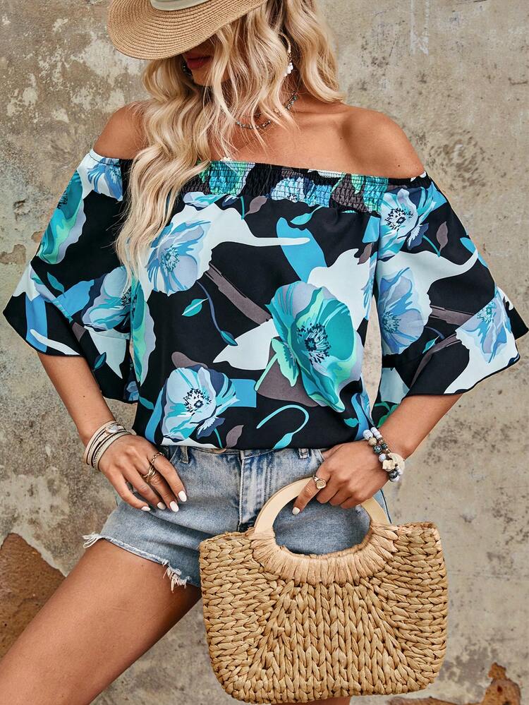 Floral Printed Off Shoulder Summer Casual Shirt For Vacation