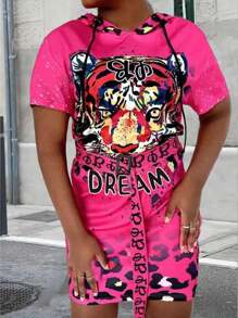 LONESS Plus Size Summer Animal Leopard Print Hooded Short Sleeve Dress