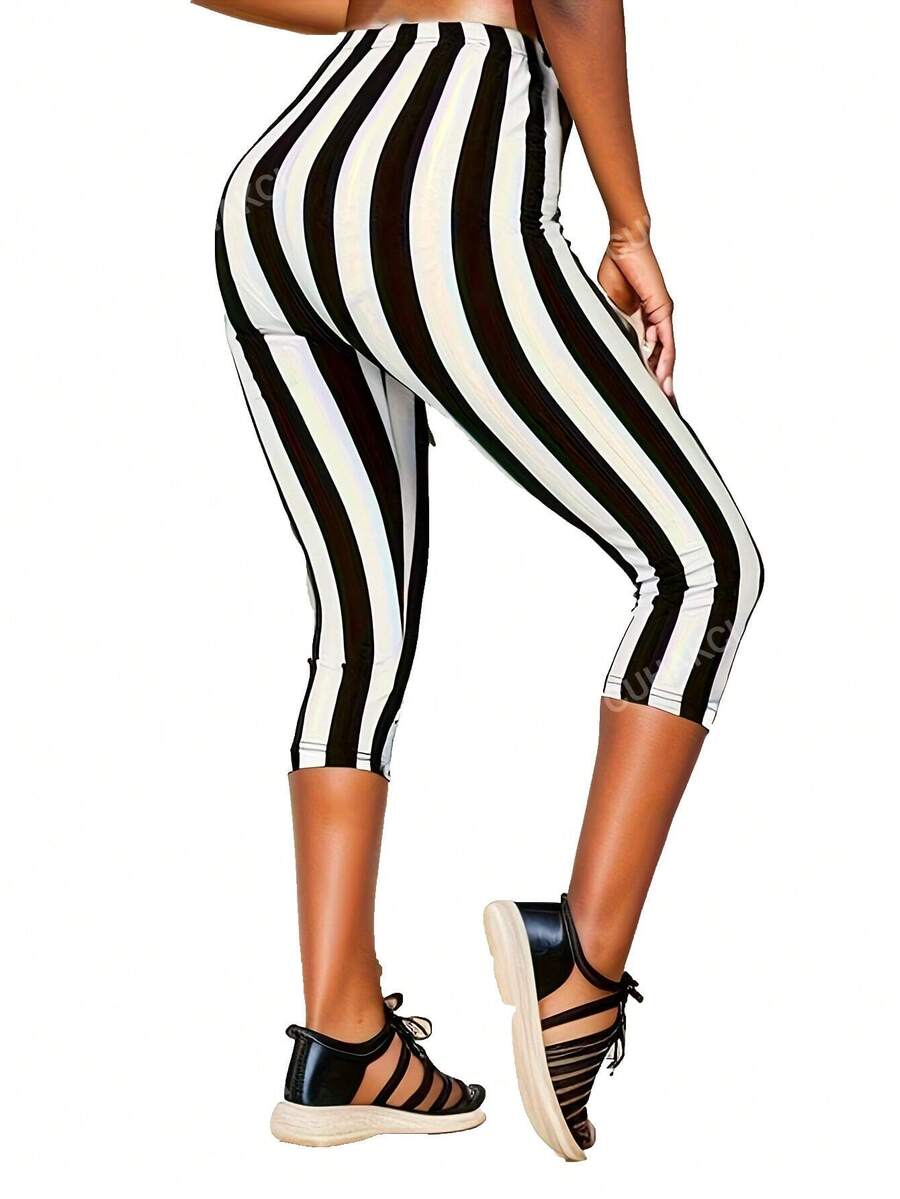 Leggings capri casuales para mujer con rayas impresas, ideales para el