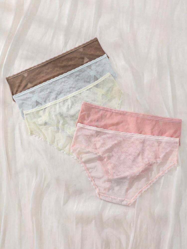 Plus Size Women's Solid Color Lace Panties , 5 Pcs
