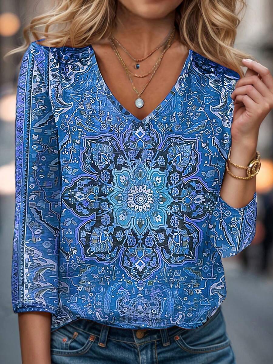 INAWLY Camiseta Casual Con Cuello En V Y Manga Larga Con Estampado De Estilo Estadounidense Vintage, Primavera / Verano - Multicolor - Ver 1