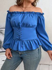 SHEIN Clasi Plus Size Solid Color Lantern Sleeve Shirt With Waist Belt And Off Shoulder