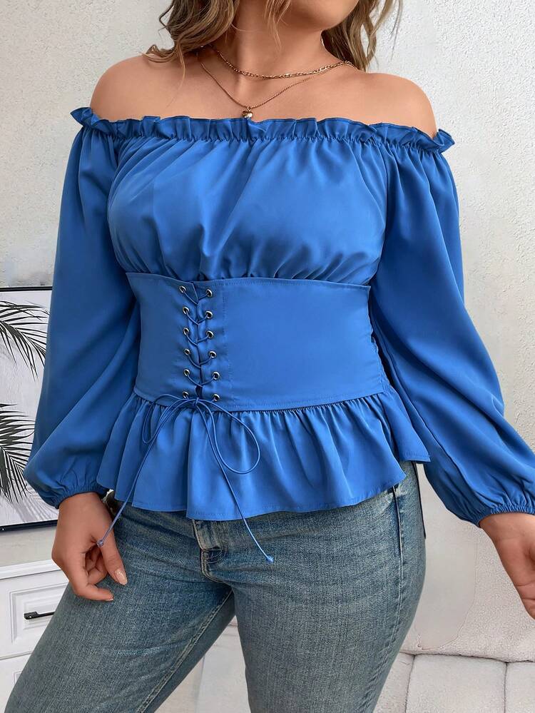 Plus Size Solid Color Lantern Sleeve Shirt With Waist Belt And Off Shoulder