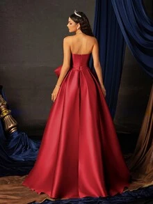 Smilprince 长款优雅奢华亮片蝴蝶结装饰正式晚礼服 - 酒紅色 - 查看 2