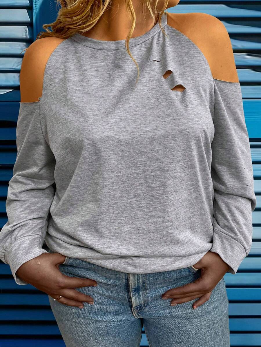 Calvaya Plus Size Women Distressed Open Shoulder T-Shirt - Light Grey - View 1